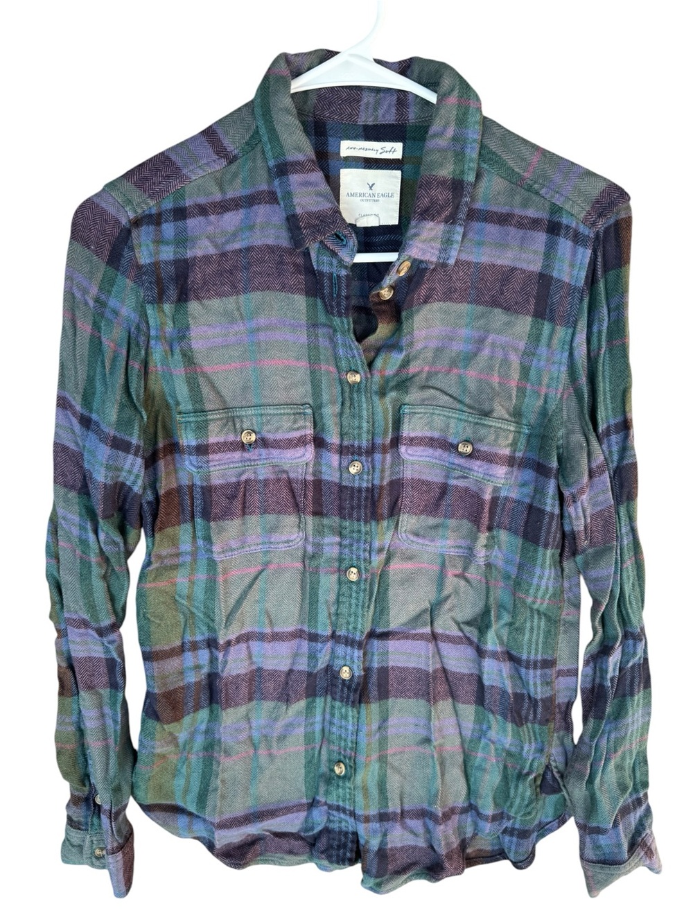 American Eagle Super Soft Green & Purple Plaid Button-Up Flannel Shirt